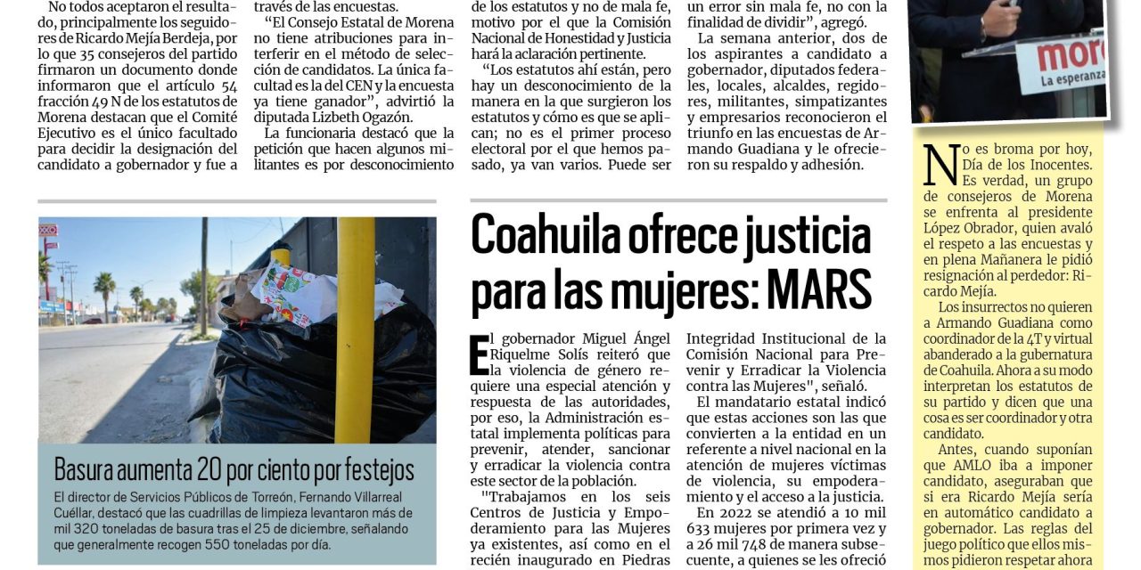 Portada Región Lagunera [28 de diciembre de 2022] Se enfrentan a AMLO; Torreón trabaja por el Medio Ambiente y más…