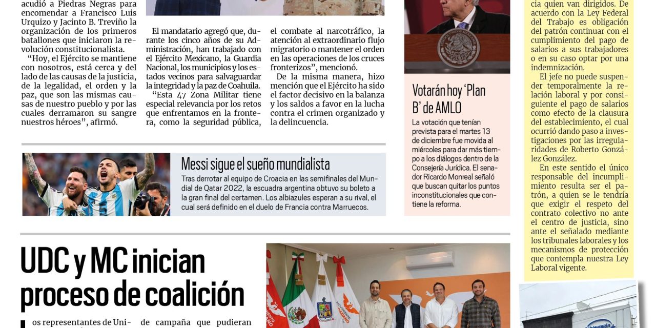 Portada RCG Media [14 de diciembre de 2022] Es Coahuila casa del ejército: MARS; Saltillo es la segunda ciudad más competitiva de México; y más….