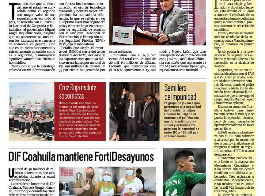 Portada Región Carbonífera [2 de enero de 2023] Coahuila mejora en economía y seguridad: MARS; Ecología limpia espacios públicos y más…
