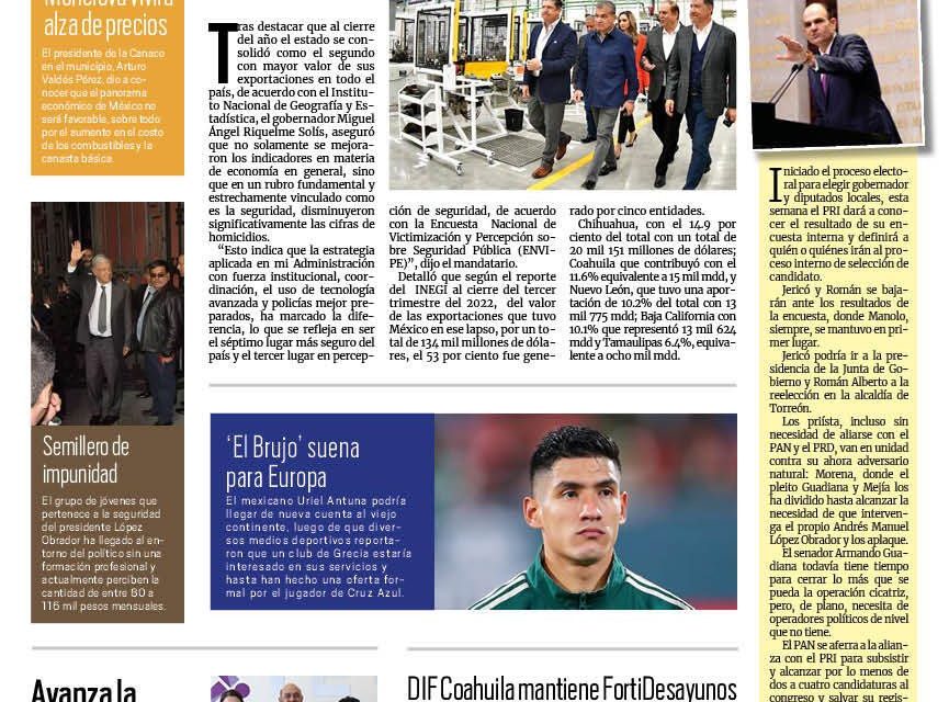 Portada Región Centro [2 de enero de 2023] Coahuila mejora en economía y seguridad: MARS; AHMSA adeuda 18 mdp en predial y más…