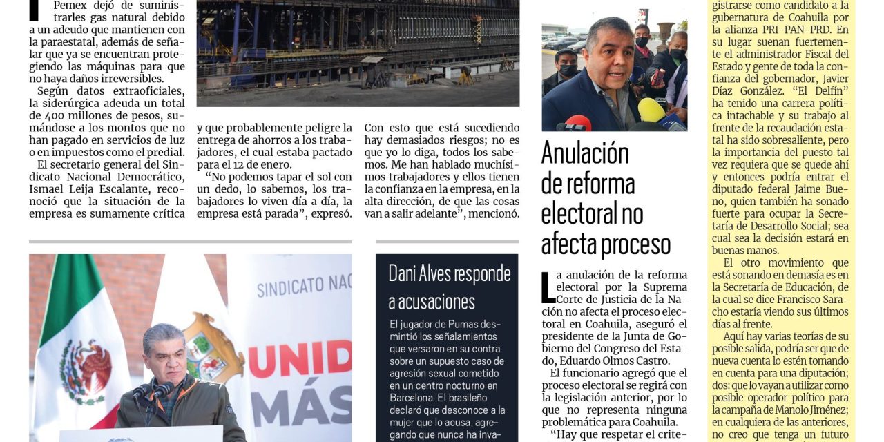 Portada Región Centro [7 de enero de 2023] AHMSA adeuda millones a Pemex; Coahuila consolida educación con el magisterio: MARS y más …