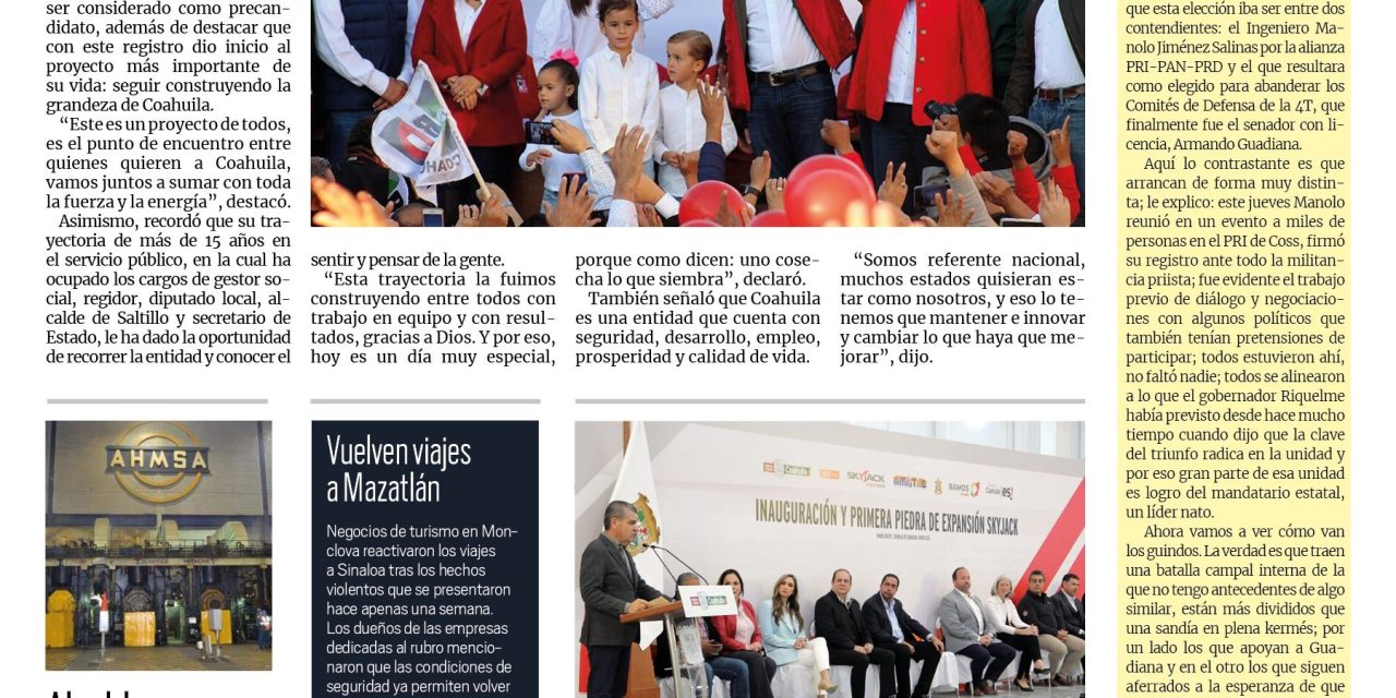 Portada Región Centro [13 de enero de 2023] Manolo Jiménez arranca la carrera por la gubernatura; alcaldes dialogarán sobre AHMSA y más…