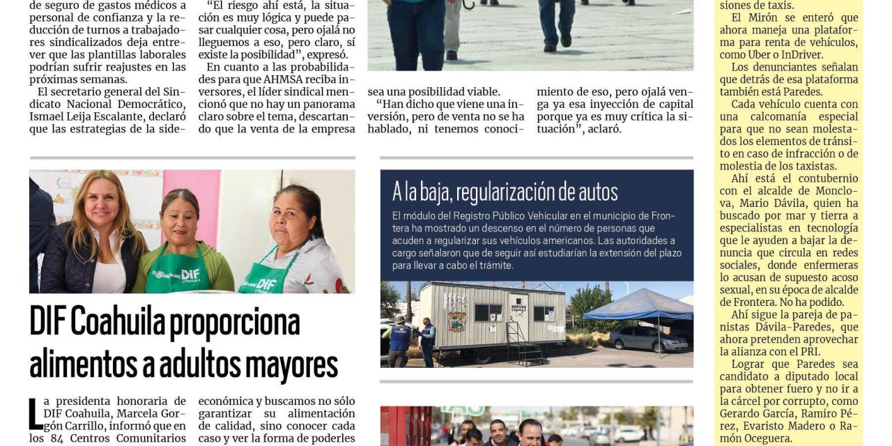 Portada Región Centro [23 de enero de 2023] Trabajadores de AHMSA temen despidos; DIF Coahuila brinda alimentos a adultos mayores y más….