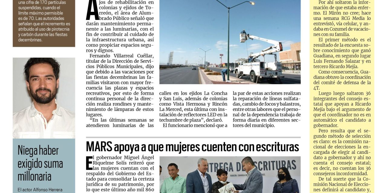 Portada Región Lagunera [4 de enero de 2023] Trabajan en mantenimiento de luminarias; brindan atención médica en albergues   y más…
