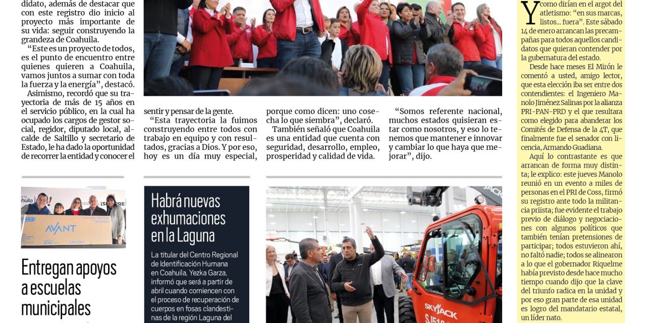 Portada Región Laguna [13 de enero de 2023] Manolo Jiménez arranca la carrera por la gubernatura; entregan apoyos a escuelas municipales y más…