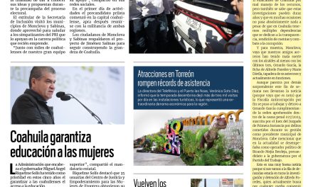 Portada Región Laguna [15 de enero de 2023] Manolo Jiménez lleva precampaña a municipios; limpian carretera a Santa Fe  y más…