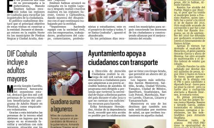 Portada Región Laguna [16 de enero de 2023] Manolo Jiménez recorre todas las regiones; Ayuntamiento apoya a ciudadanos con transporte y más…