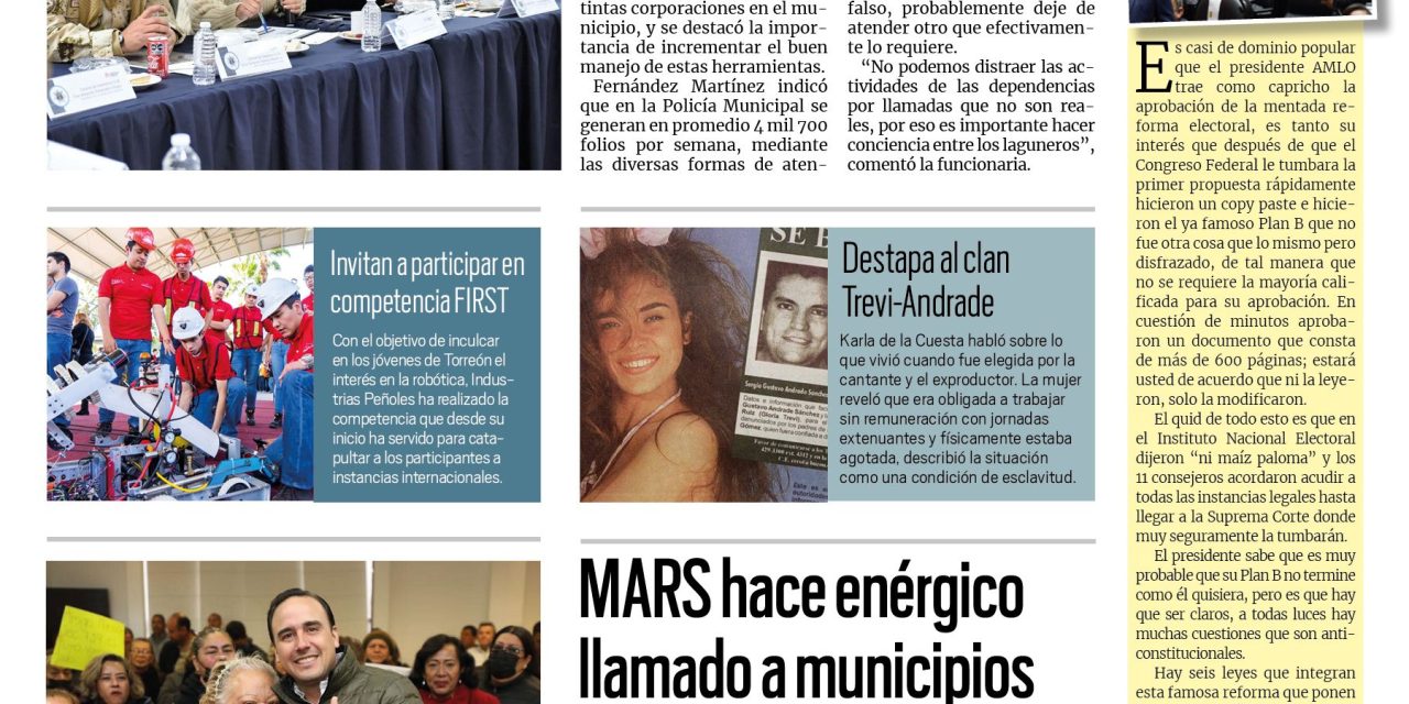 Portada Región Laguna [28 de enero de 2023] En unidad ciudadana buscan uso responsable de líneas de emergencia en Torreón; Piden tomar precauciones por bajas temperaturas en Torreón; y más…