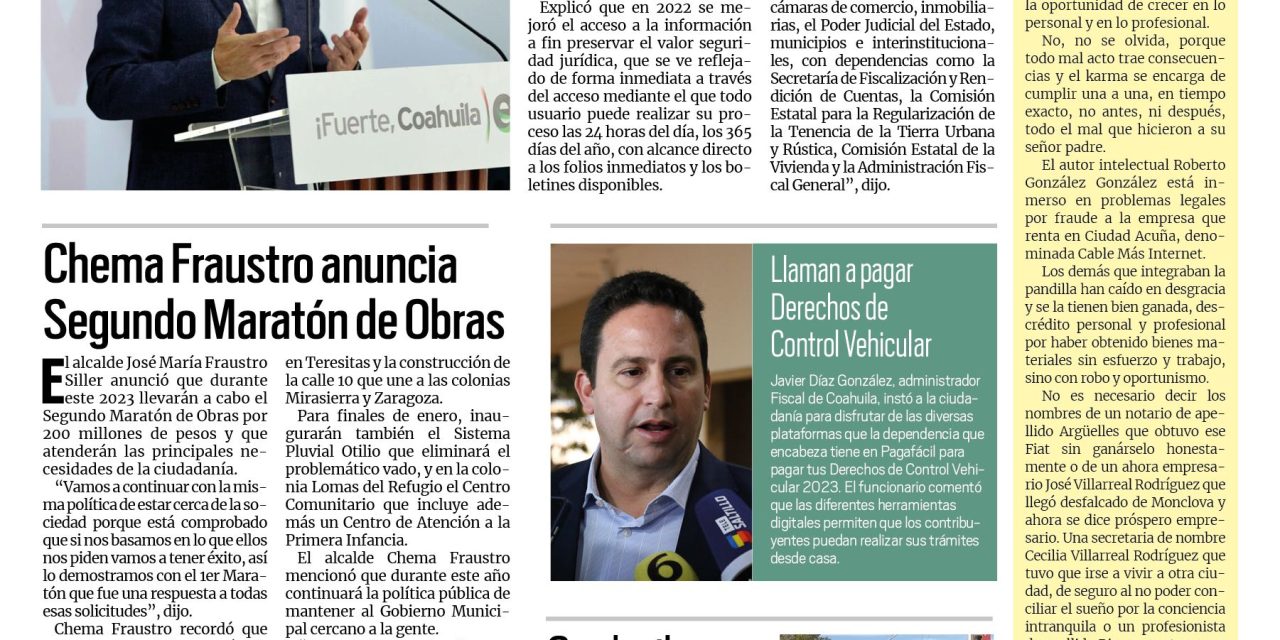 Portada RCG Media [3 de enero de 2023] Coahuila es ejemplo nacional en materia registral: MARS; Chema Fraustro anuncia Segundo Maratón de Obras y más…