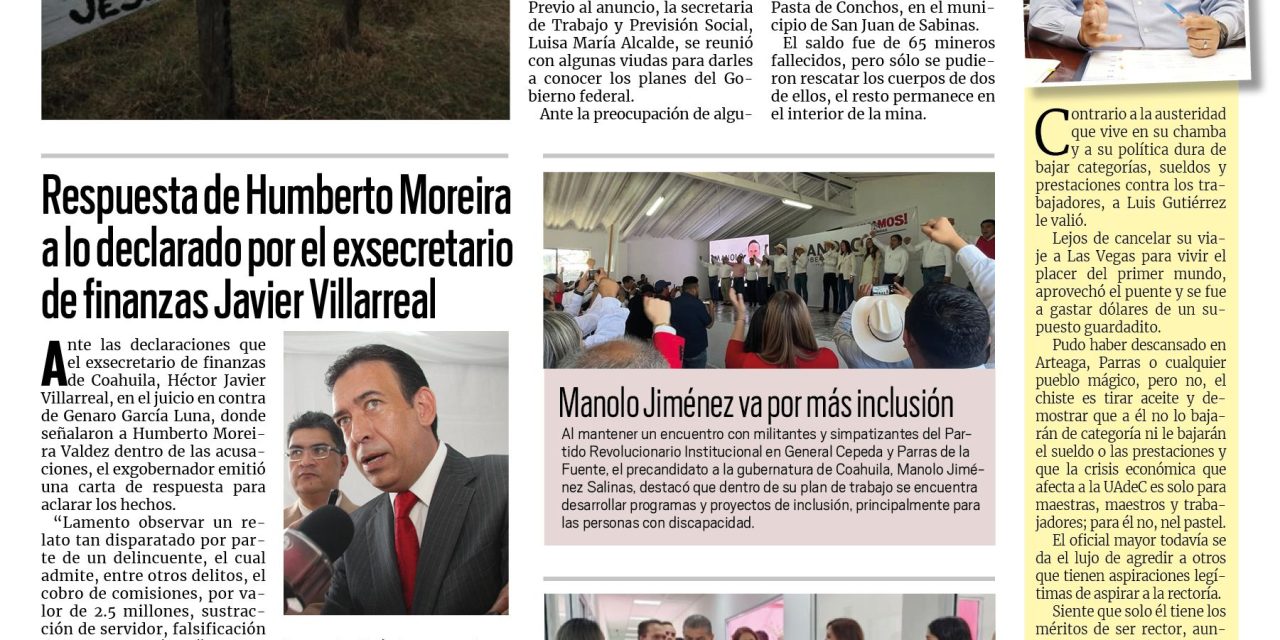 Portada Región Carbonífera [7 de febrero de 2023] En marzo se reanuda el rescate en Pasta de Conchos; hoy vence plazo para tramitar credencial del INE y más…