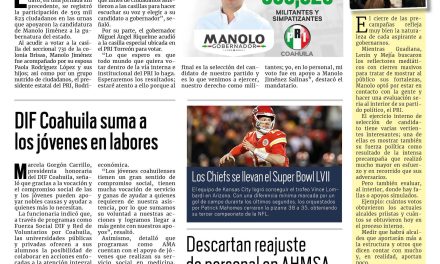 Portada Región Centro [13 de febrero de 2023] Medio millón de coahuilenses apoyan a Manolo Jiménez; crisis en AHMSA ‘apaga’ San Valentín  y más…
