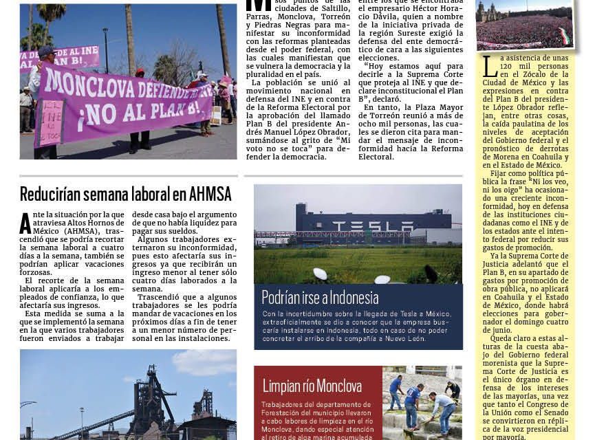 Portada RCG Centro [27 de febrero de 2023] Marchan miles de coahuilenses a favor del INE; empleados de AHMSA cambiarán jornadas y más