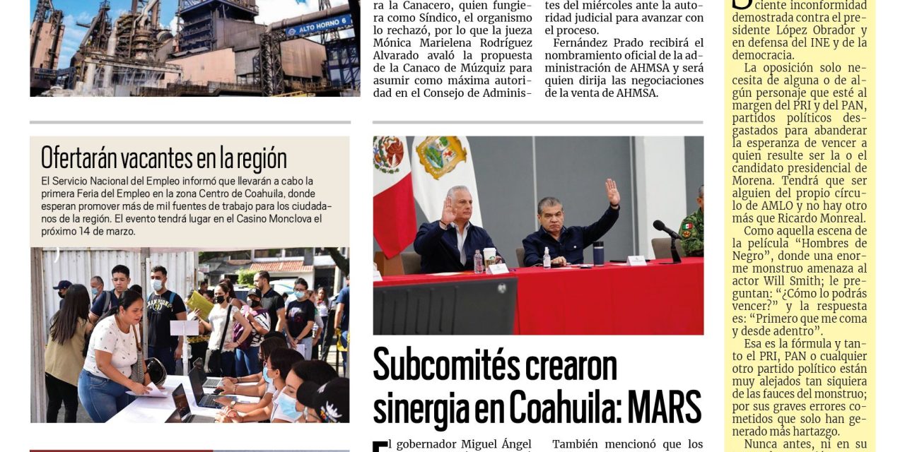 Portada RCG Centro [28 de febrero de 2023] Ya hay Síndico para la venta de AHMSA; Sí les depositan su pago a obreros y más