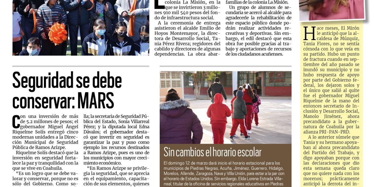 Portada Fronteriza [10 de febrero de 2023] Invierten 3.9 mdp en plaza de Acuña; inauguran aula de atención a autismo y más