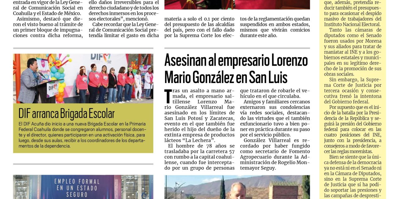 Portada RCG Fronteriza [22 de febrero de 2023] Frenan Plan B de AMLO en Coahuila y Edomex; asesinan al empresario Lorenzo Mario González y más