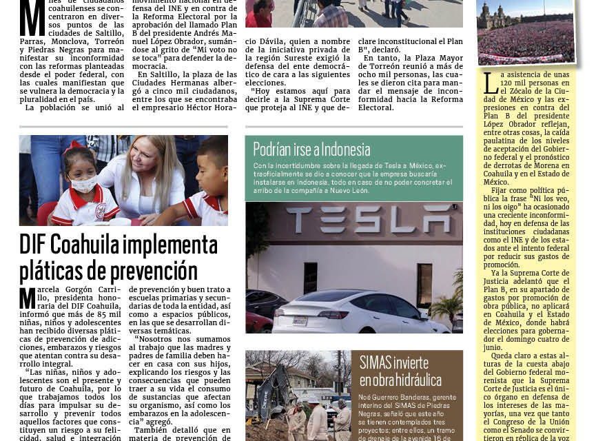 Portada RCG Fronteriza [27 de febrero de 2023] Marchan miles de coahuilenses a favor del INE; Integran Consejo Deportivo Municipal y más
