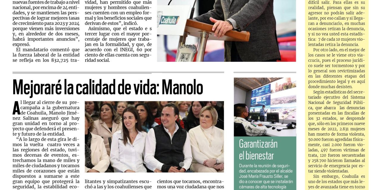 Portada RCG [11 de febrero de 2023] Coahuila inicia el 2023 con más empleos; Mejoraré la calidad de vida: Manolo y más…