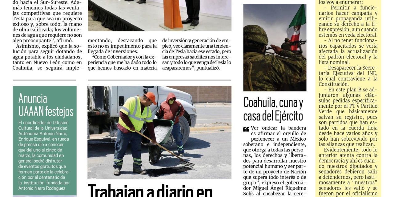Portada RCG Media [25 de febrero de 2023] Que Tesla se venga a Coahuila: MARS; Dejaré blindado el estado: MARS y más…