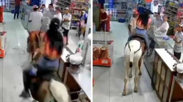¡Ajúa! Mujer entra a comprar a una tienda con todo y caballo (video)