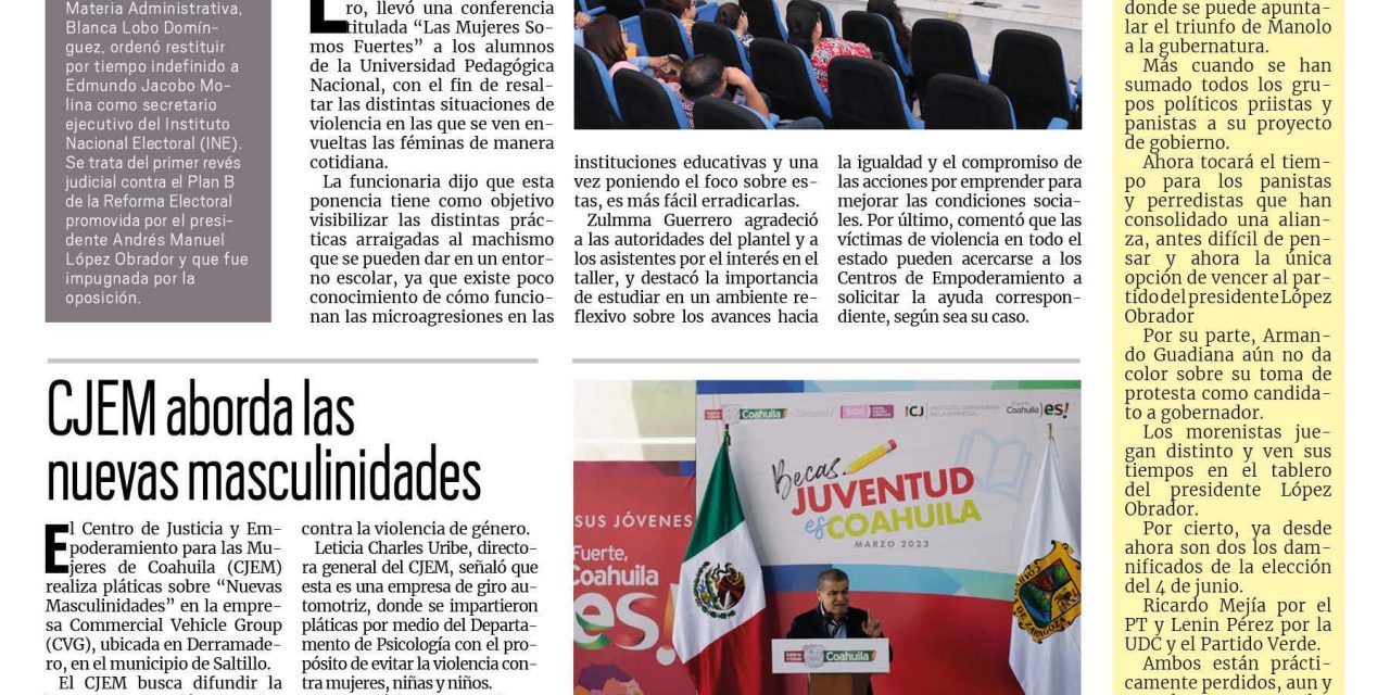Portada RCG Carbonifera [14 de marzo de 2023] Llevan plática a universitarios; deja festival gran derrama económica y más…