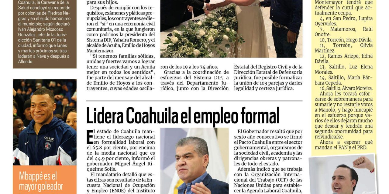 Portada RCG Fronteriza [5 de marzo de 2023] Se dan el ‘sí’ 103 parejas en Acuña; inician reto contra la obesidad y más