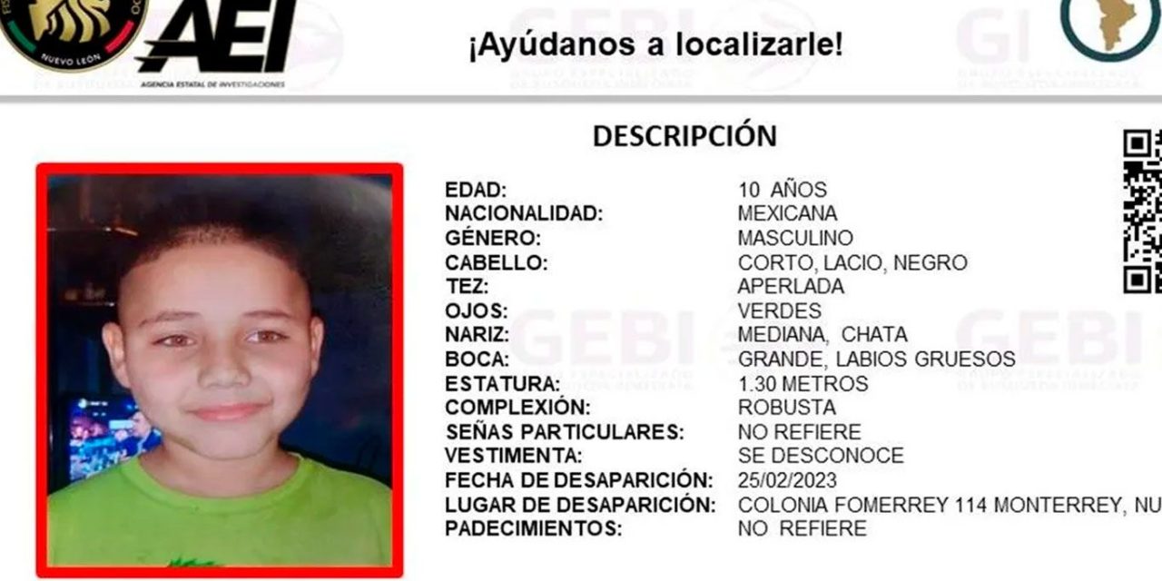 Piden ayuda para localizar al pequeño Erick, desaparecido en Monterrey