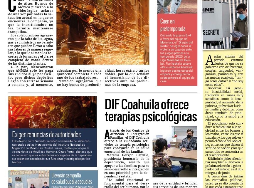 Portada RCG Centro [10 de abril de 2023] Trabajadores de AHMSA piden claridad; entablan asamblea de Sindicato Minero y más…
