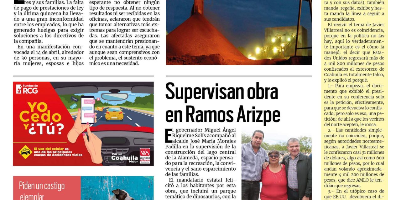 Portada RCG Centro [15 de abril de 2023] Se manifiestan por ahorro en AHMSA; celebrarán al taco en Monclova y más…