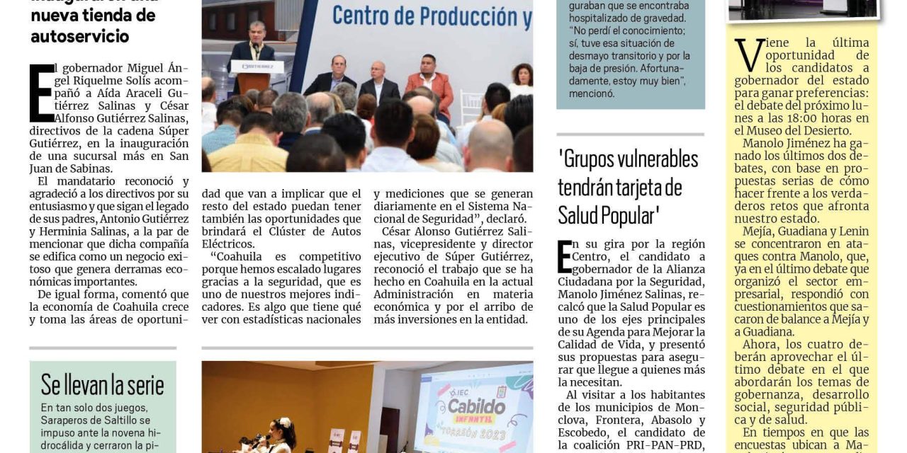 Portada RCG Lagunera [27 de abril de 2023] Crecen cadenas mercantiles en Coahuila; supervisan remodelación del DIF Revolución y más…