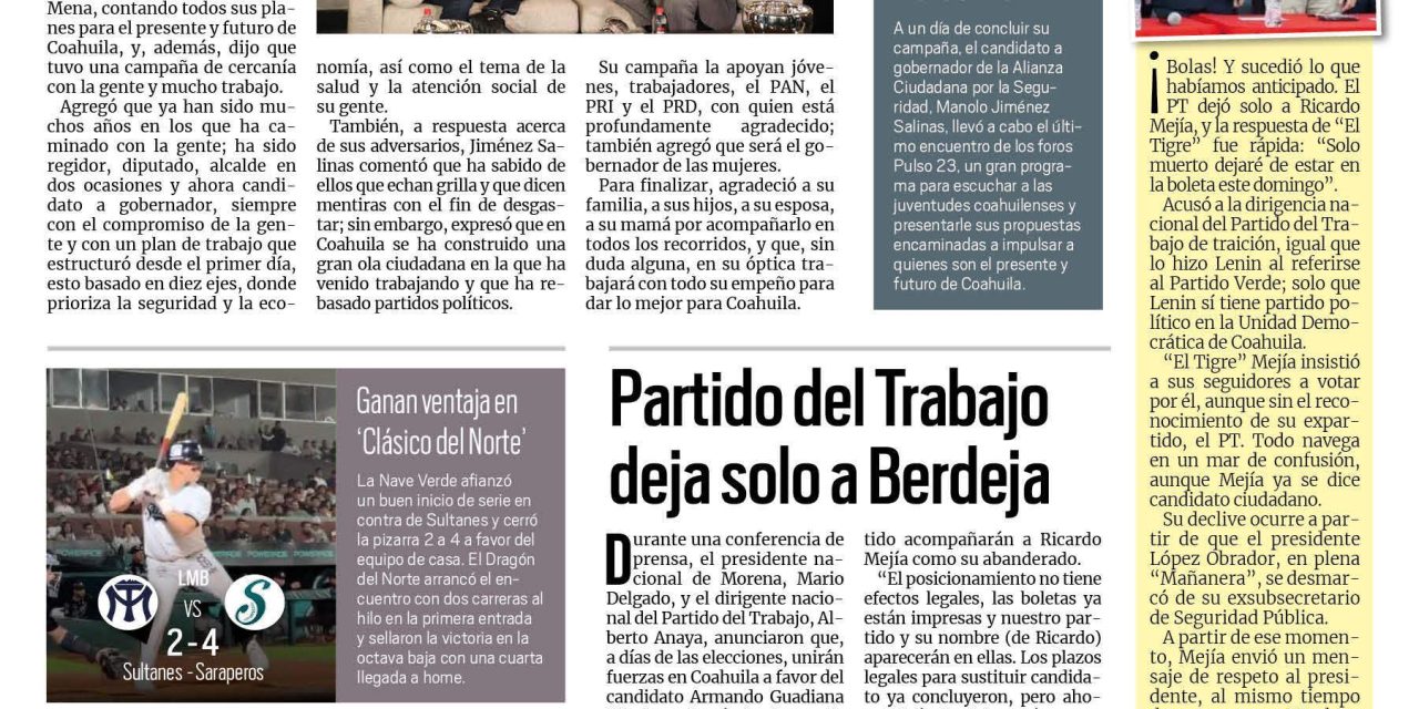 Portada RCG Carbonífera [31 de mayo de 2023] Coahuila va pa’delante: Manolo Jiménez; viudas de Pasta de Conchos encaran a autoridades y más…
