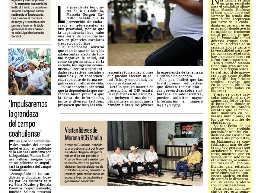 Portada RCG Centro [8 de mayo de 2023] Previenen embarazos adolescentes en Coahuila; buscan constructores trabajo fuera de Monclova y más…