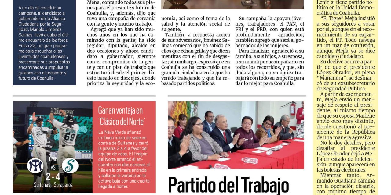 Portada RCG Centro [31 de mayo de 2023] Coahuila va pa’delante: Manolo Jiménez; trabajadores de AHMSA dudan de directivos y más…