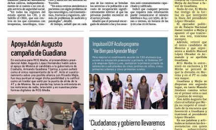 Portada RCG Fronteriza [15 de mayo de 2023] DIF Coahuila brinda terapia física; lleva Gobierno de Acuña brigadas a jardín de niños y más…