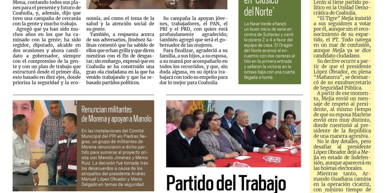 Portada RCG Fronteriza [31 de mayo de 2023] Coahuila va pa’delante: Manolo Jiménez; harán cumplir Ley Seca y más…