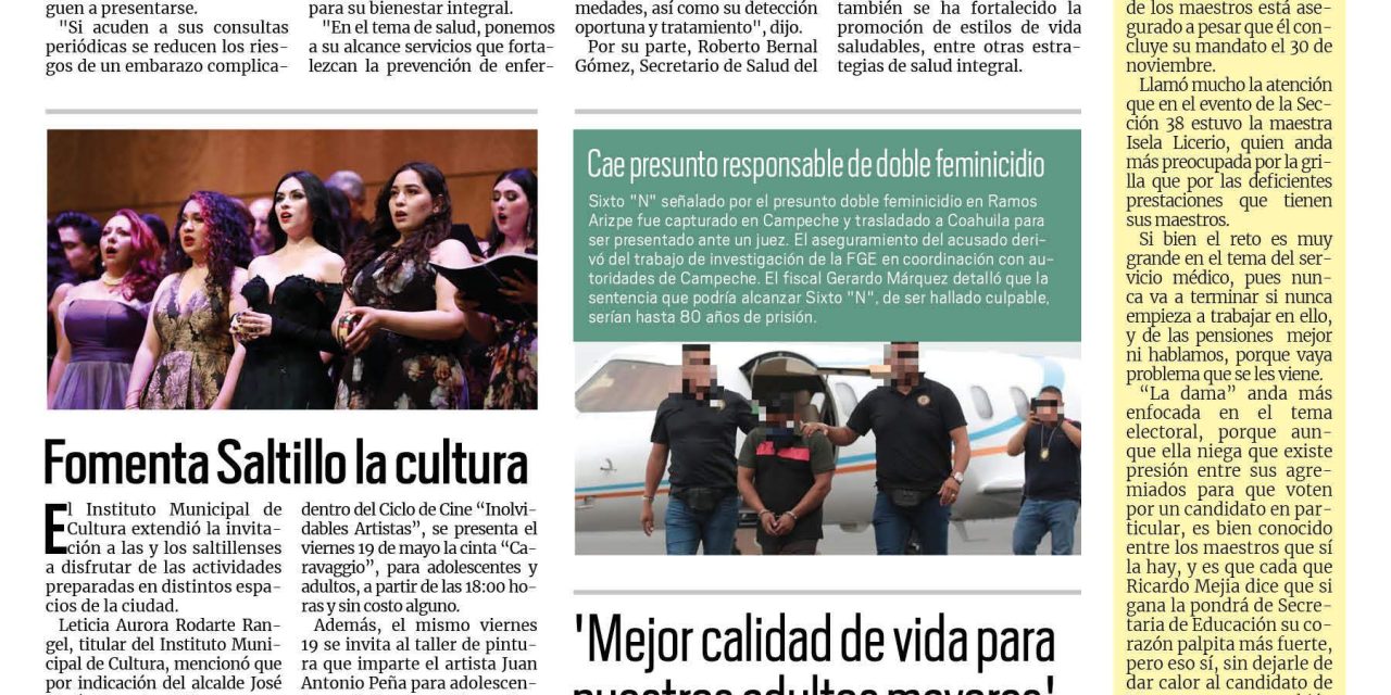 Portada RCG Media [14 de mayo de 2023] En Coahuila es prioritaria la salud de las mujeres: MARS; fomenta Saltillo la cultura y más…