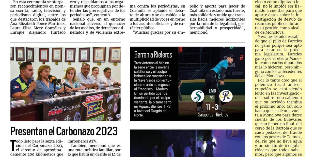 Portada RCG Carbonífera [23 de junio de 2023] Gana RCG Media preseas en Premio Estatal de Periodismo; suspendieron clases antes por falta de agua y electricidad y más…