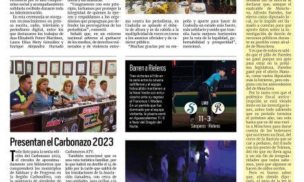 Portada RCG Carbonífera [23 de junio de 2023] Gana RCG Media preseas en Premio Estatal de Periodismo; suspendieron clases antes por falta de agua y electricidad y más…