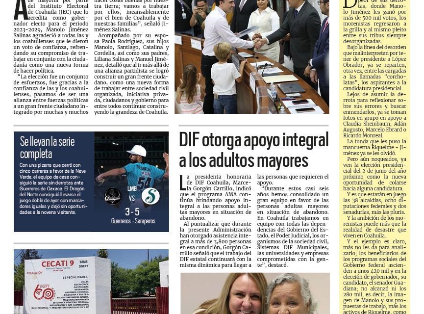 Portada RCG Centro [12 de junio de 2023] Recibe Manolo Jiménez constancia como gobernador electo de Coahuila; agota UAdeC becas de inclusión en la región y más…