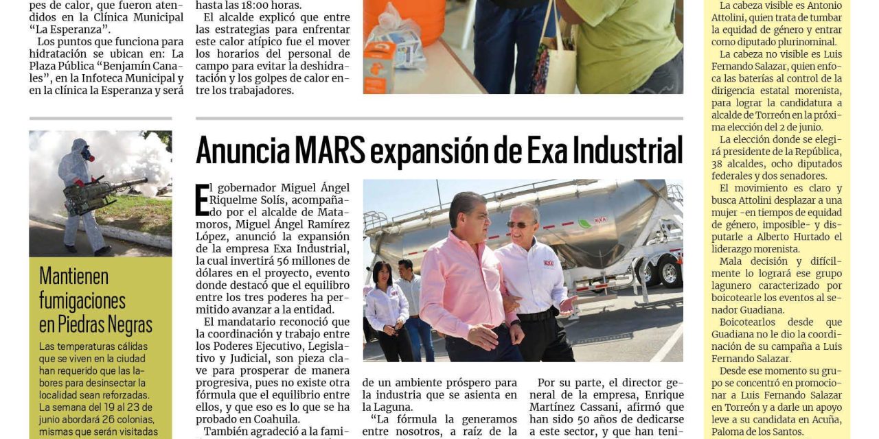 Portada RCG Fronteriza [20 de junio de 2023] Instalan puntos de hidratación; celebran en Acuña a los padres y más…