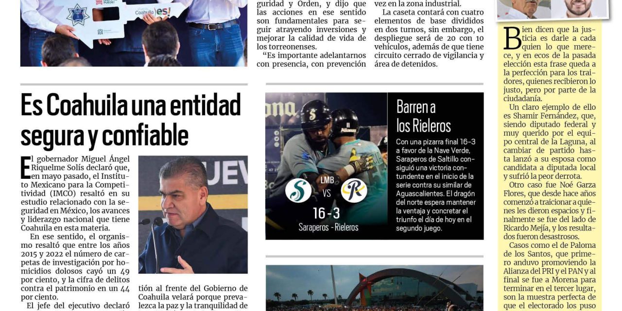 Portada RCG Lagunera [21 de junio de 2023] Inician operaciones en casetas de vigilancia; entregan obra de pavimentación del bulevar El Tajito y más…