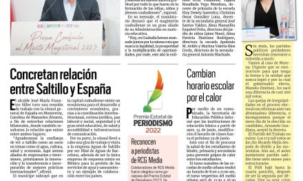 Portada RCG Media [15 de junio de 2023] Entregan Presea al Mérito Magisterial; concretan relación entre Saltillo y España y más…