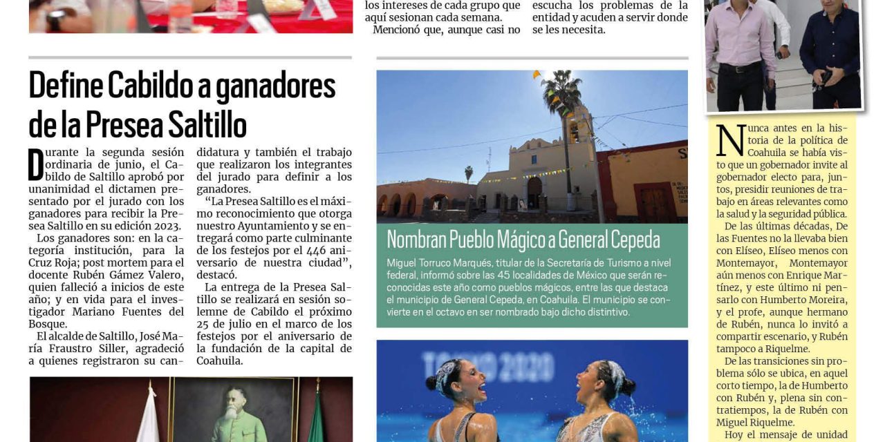 Portada RCG Media [27 de junio de 2023] Acuerdan Manolo y Riquelme continuidad de los subcomités; define Cabildo a ganadores de la Presea Saltillo y más…
