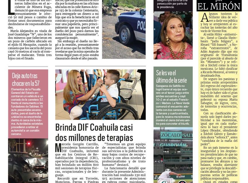 Portada RCG Carbonífera [24 de julio de 2023] Ofrecían 50 mil a viuda de minero; golpean a mujer embarazada en riña y más…