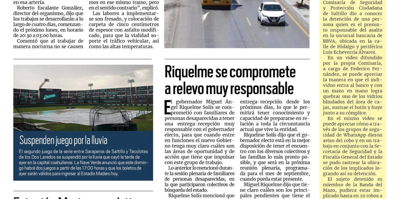 Portada RCG Lagunera [9 de julio de 2023] Realizarán trabajos nocturnos de pavimentación; abren por completo vialidades del Paso Vial Villa Florida y más…