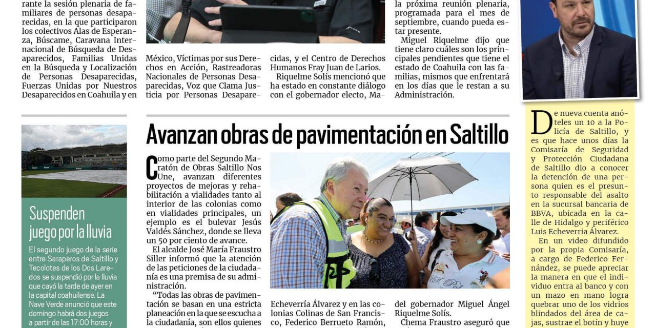 Portada RCG Media [9 de julio de 2023] Riquelme se compromete a relevo muy responsable; avanzan obras de pavimentación en Saltillo y más…