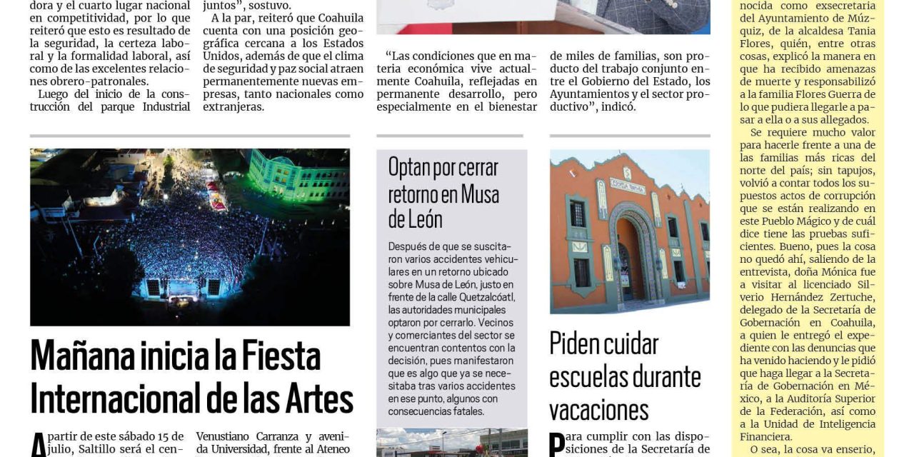 Portada RCG Media [14 de julio de 2023] ‘Es Coahuila líder en generación de empleos’; Mañana inicia la Fiesta Internacional de las Artes y más…