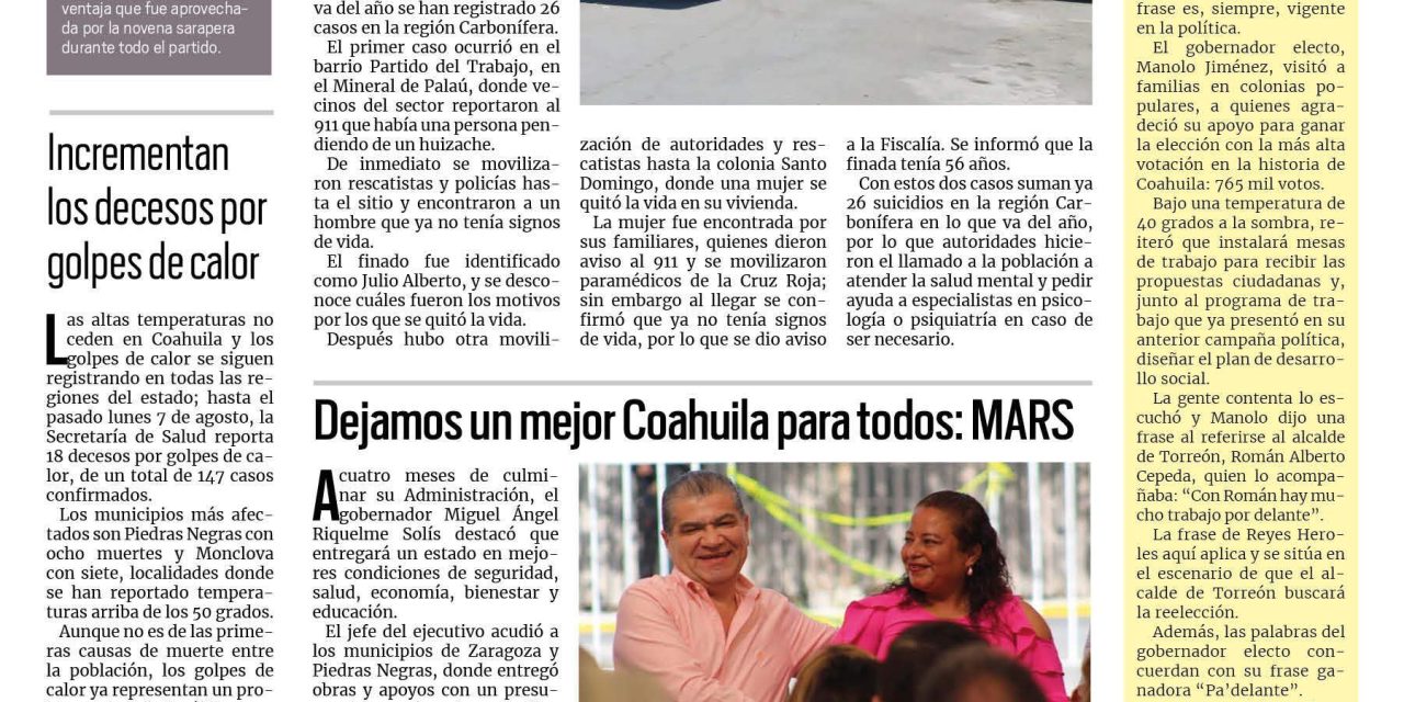 Portada RCG Carbonífera [10 de agosto de 2023] Dos suicidios en menos de 24 horas; entregan paquetes escolares en Sabinas y más…