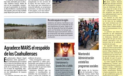 Portada RCG Carbonífera [12 de agosto de 2023] Se manifiestan proveedores de Pasta de Conchos por falta de pagos; Dan respaldo a niños futbolistas de Sabinas  y más…
