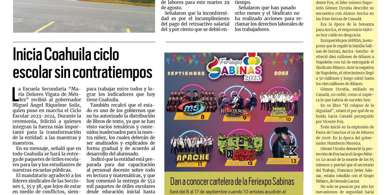 Portada RCG Carbonífera [29 de agosto de 2023] Convocan a segundo paro en maquiladora; designan a reina de la Feriexpo Sabinas 2023 y más…