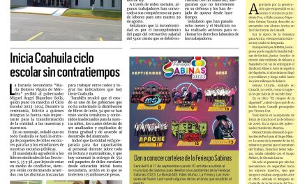 Portada RCG Carbonífera [29 de agosto de 2023] Convocan a segundo paro en maquiladora; designan a reina de la Feriexpo Sabinas 2023 y más…